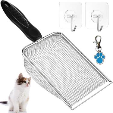 Imagem de itPlus Colher de areia para gatos, aço inoxidável para gatos de malha resistente, colher de areia para gatos com cabo longo, peneira profunda para todos os tipos de areia, pá de metal para caixa de