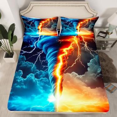 Imagem de Erosebridal Jogo de lençol casal com raio de tornado azul laranja para crianças, meninos e meninas, desastre natural, nuvem escura, lençol com elástico para decoração de quarto