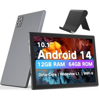 Imagem de FIEKVE Tablet Android de 10,1 polegadas, tablets Android 14 2025 com CPU Octa-Core, 12 GB de RAM + ROM de 64 GB (expansão de 2 TB), tablet Wi-Fi 6 BT 5.0, bateria de longa duração, tablets com tela
