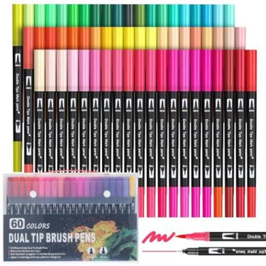 Imagem de Kit com 60 Canetas Marcadoras de Ponta Dupla, Dupla Ponta (Pincel 1-2mm e Fina 0.4mm), Tinta à Base de Água - Ponta Pincel e Fina para Colorir Adultos, Lettering (Tamanho grande) (60)
