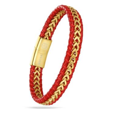 Imagem de WP WEPICK Pulseira masculina de couro trançado banhado a ouro 18 quilates para homens e mulheres Franco fecho de aço inoxidável joia presente 20 cm, 8.5 inch, Sem Pedra Preciosa