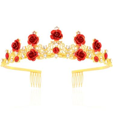Imagem de TOBATOBA Tiaras e coroas de rosa vermelha para mulheres, tiara de princesa, noiva, casamento, fantasia, para Halloween, formatura, aniversário, dia dos namorados, flor e fada
