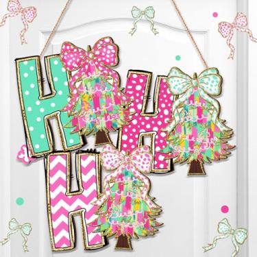 Imagem de Thyle Placa de porta de Natal Hohoho, decoração de guirlanda de boas-vindas para porta da frente, linda árvore de Natal, decoração de pendurar para pendurar em casa de fazenda, casa, exterior, varanda