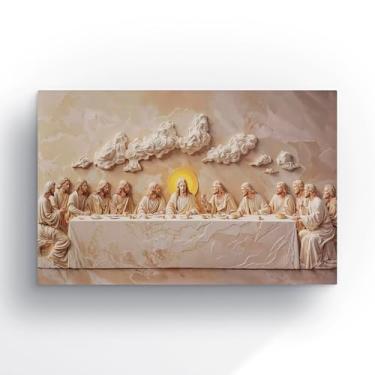 Imagem de quadro santa ceia canvas tons bege e dourado arte sacra classica decoracao religiosa para capela e igreja 90x60 cm