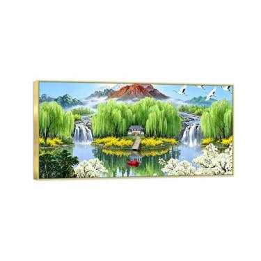 Imagem de BMZFYBS Chinoiserie Arte de parede paisagem imagem em tela - flores de árvore do lago pássaros - pintura chinesa - impressões de moldura dourada para decoração de casa 50 x 100 cm 20 x 39 pol
