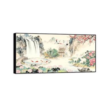 Imagem de Chinoiserie Arte de parede paisagem imagem em tela - flores cachoeira barco - pintura chinesa - impressões de moldura preta para decoração de casa 50 x 100 cm 20 x 39 pol