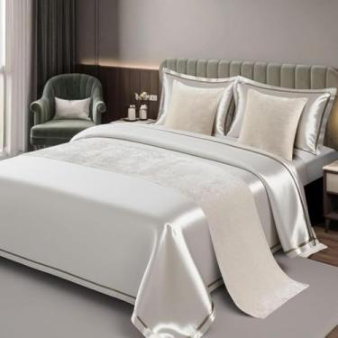 Imagem de Caminho de cama de cor sólida, lenço de cama moderno macio de chenille, tecido durável, macio, resistente a derramamentos, decoração multiuso, para estilo de quarto de hóspedes, branco arroz, 50 x 240
