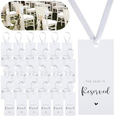 Imagem de 24 peças de placas de assento reservadas com fita etiquetas de cadeira de casamento placas de cadeira de assento reservado para cerimônia de casamento sinal de assento de reserva pendurado para
