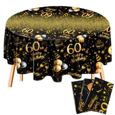 Imagem de Oudain Pacote com 3 toalhas de mesa redondas para aniversário de 60 anos, preto e dourado, decorações de festa de feliz aniversário, 213 cm, material de festa de aniversário descartável para homens e