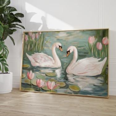 Imagem de Arte abstrata de parede de cisne impressões de flores rosa tela de pássaro branco vitoriano pôster lago cisne estética animal imagens vintage pinturas botânicas verdes pássaros selvagens arte de