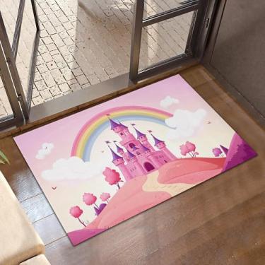 Imagem de CXULIN Tapete de porta, tapetes de castelo rosa para porta da frente, antiderrapante princesa arco-íris nuvem discreto perfil interno externo tapete de boas-vindas para entrada, varanda, corredores