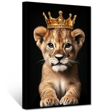 Imagem de CXHOSTENT Arte de parede em tela de leão bebê rei leão com imagens de coroa dourada impressão de pintura animal pôster vida selvagem quarto infantil decoração de berçário moldura (40,6 cm x 50,8 cm)