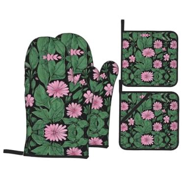 Imagem de Conjunto de luvas de cozinha com estampa de folhas tropicais coloridas com suportes de tampa, luvas de forno resistentes ao calor para manusear panelas quentes, grelhar, churrascos, kit de 4 peças.
