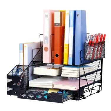 Imagem de WCHOSOZH Organizador de mesa de malha, suporte de arquivo de papel de 4 camadas com bandeja de cartas e 2 suportes de caneta, organizadores de mesa de metal e acessórios, organizador grande de mesa