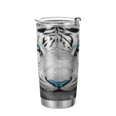 Imagem de Kigai Copo de 590 ml com tampa e canudo, tigre branco com belos olhos azuis copo de aço inoxidável isolado a vácuo copo de café água copo de café, à prova de derramamento, copo térmico para bebidas