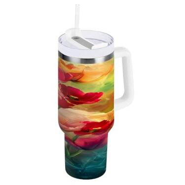 Imagem de STAYTOP Copo de tulipas bonitas de 850 g com tampa e canudo, à prova de vazamento, copo isolado de aço inoxidável durável com alça, garrafas de água à prova de derramamento para viagens