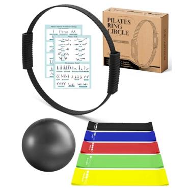 Imagem de Conjunto de anéis de pilates, kit de pilates para mulheres, conjunto de anel e bola de pilates, círculo mágico, argola com 5 faixas de resistência compactas tonificação fitness Essentials conjunto