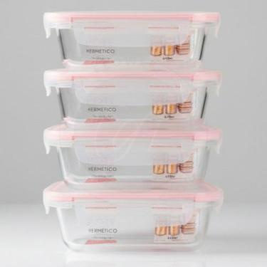 Imagem de Conjunto Kit com 4 Pote Vidro Hermético Marmita Tampa Plástico 640ml O