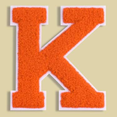 Imagem de QianSiLi Adesivos de letras universitárias de chenille laranja de 11 cm, letras grandes para jaquetas Letterman, moletons com capuz, mochilas, coletes, roupas, adesivos individuais de letra K