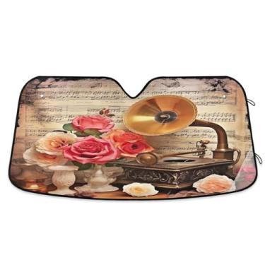 Imagem de Wassud Para-brisa para-sol acessórios de carro dobrável para janela dianteira do carro blocos raios UV gramofone vintage e rosas sombra refletiva 80 x 1,47 cm
