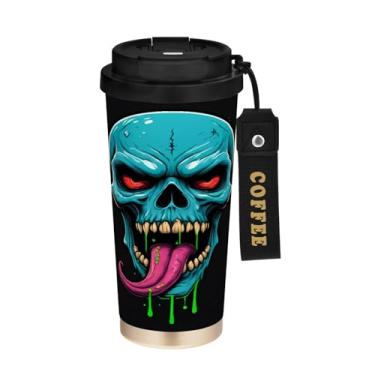 Imagem de STAYTOP Copo de café de aço inoxidável de 500 ml, caneca de café engraçada com isolamento de caveira com tampa, copo de café à prova de derramamento, copos portáteis reutilizáveis para bebidas quentes