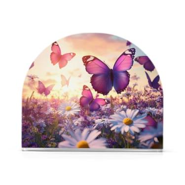 Imagem de STAYTOP Porta-guardanapo, lindas borboletas roxas e margaridas Porta-guardanapos para mesas cozinha restaurante decoração de casa, suporte decorativo moderno para guardanapos de coquetel de papel de