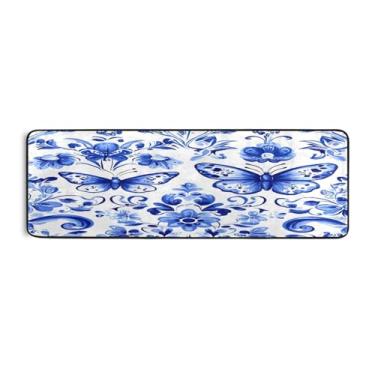 Imagem de Qilmy Tapete de corredor azul borboletas e flores 183 x 61 cm, antiderrapante, antifadiga, confortável, tapetes longos, para quarto, sala de estar, banheiro, corredores, entrywa238
