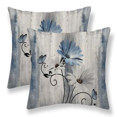 Imagem de Sunshineyan Capas de almofada floral azul bebê 45,7 x 45,7 cm, conjunto de 2 fronhas decorativas de linho rústico para casa de fazenda, sofá, decoração de sala de estar