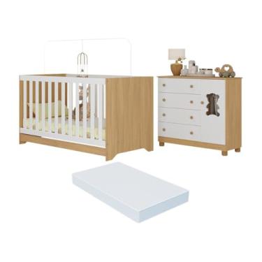 Imagem de Berço Americano 3 em 1 com Colchão Incluso e Cômoda 1 Porta 4 Gavetas Fofura Multimóveis Mp4732 Madeirado/branco