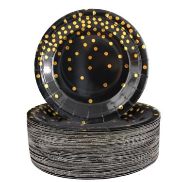 Imagem de CONEHOY 120 peças de pratos de papel descartáveis redondos 18 cm preto e dourado pratos de jantar de bolinhas para aniversário, Ação de Graças, suprimentos para festas de fim de ano