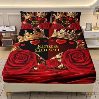 Imagem de AILONEN Jogo de lençol Queen com elástico rosa vermelha e preta, coroa global, tema de flores românticas com 2 fronhas, 3 peças