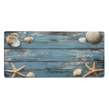 Imagem de Tapete de mouse grande de madeira azul estrela-do-mar à prova d'água tapete protetor de mesa estendido para computador, base de borracha antiderrapante para escritório, computador, teclado, laptop e