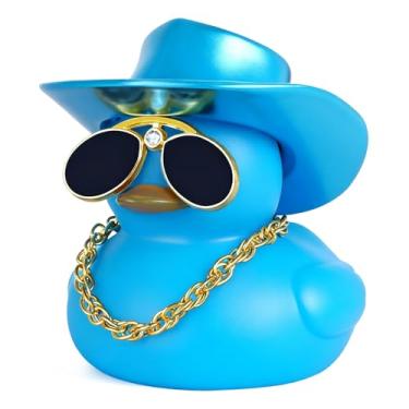 Imagem de Pato de borracha cowboy azul laser com chapéu, óculos de sol e colar - decoração de painel de carro faça você mesmo, som estridente, borracha premium, presente para adultos