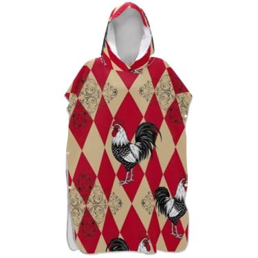 Imagem de Joisal Poncho de surfe para adultos trocador de roupa de praia com capuz toalha de banho reutilizável retrô galo vermelho xadrez unissex poncho adulto com capuz