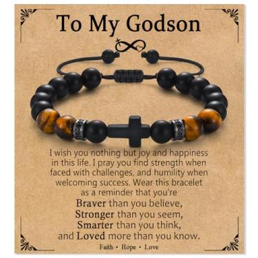 Imagem de PODLEV Pulseira de cruz para homens e meninos, pulseira de contas de cruz cristã de Natal Páscoa recheios de joias de batismo presentes para homem, ele, filho, neto, sobrinho, irmão, padrinho