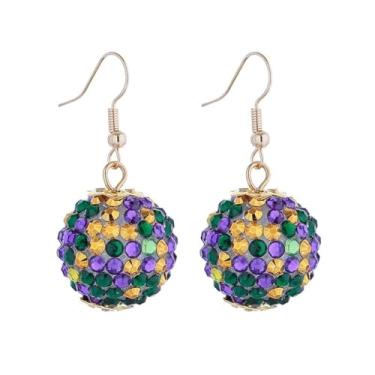 Imagem de Brincos pendentes de contas de strass Mardi Gras Brilhantes Roxo Verde Ouro Cristal Brincos para Mulheres Terça-feira Gorda Fantasia de Carnaval Festa de Férias Joias Presente, Zinco, Sem pedra