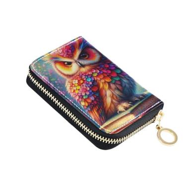 Imagem de Carteira feminina de couro com bloqueio de RFID com zíper e bolso para moedas, flores de coruja coloridas