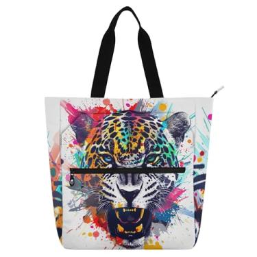 Imagem de GAIGEO Bolsa feminina com cabeça de oncinha com cabeça de jaguar irritada, bolsa de tecido de lona, bolsa de tecido escolar para presente para amantes de livros