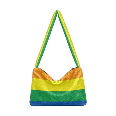 Imagem de Bolsa de ombro feminina com glitter horizontal e rosa azul, bolsa de ombro com zíper para mulheres, bolsa feminina para uso ao ar livre, Barras de arco-íris, One Size
