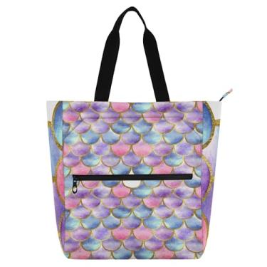 Imagem de GAIGEO Bolsa de trabalho feminina colorida com escamas de aquarela rosa bolsa de lona para livros de praia com zíper utilitário bolsas infantis com compartimentos