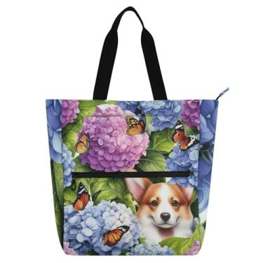 Imagem de GAIGEO Bolsas de trabalho para cães com flores de hortênsia para mulheres sacola de lona para livros de praia com zíper utilitário bolsas infantis amantes de livros