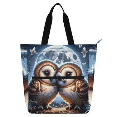 Imagem de Cute Owls Lovebirds Bolsas femininas de tecido de lona para trabalho, bolsas de viagem, escola, livros, presentes