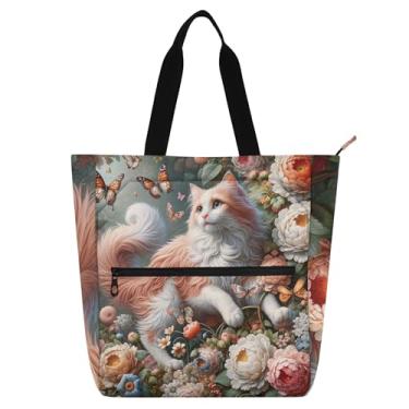 Imagem de GAIGEO Sacola floral de gato barroco para trabalho de gatinho para mulheres bolsa de lona para livros de praia com zíper bolsa utilitária para escritório amantes de livros