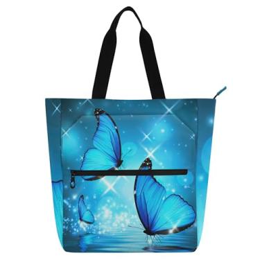 Imagem de GAIGEO Sacola feminina com lindas luzes azuis borboletas de tecido de lona para trabalho, faculdade, escola, professor, bolsas com compartimentos