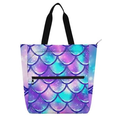 Imagem de Sacola de trabalho roxa com escamas de sereia para mulheres, lona, praia, livro, com zíper, bolsas femininas infantis, presentes para amantes de livros