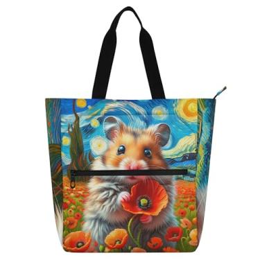 Imagem de Starry Night Hamster Poppy Flowers Work Tote Bag for Women Canvas Beach Book Bag Zipper Ladies Kids Handbags Book Lover Gift