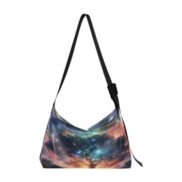 Imagem de Bolsa tiracolo de couro grande com estrelas no céu com árvore, bolsa masculina de couro, bolsa transversal com alça grossa, Space in a Galaxy Around a Tree-1, One Size