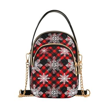 Imagem de Bolsas de ombro femininas de folha tropical azul e verde, bolsa com alça de ombro longa, bolsa transversal de verão, Flocos de neve de inverno xadrez vermelho - 3, One Size