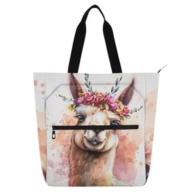 Imagem de Lindas bolsas femininas de flor de lhama animal para trabalho bolsas de tecido de lona universitárias escolares utilitárias bolsas de escritório livros presente para amantes de livros
