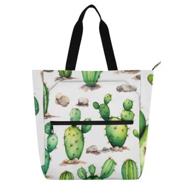 Imagem de Sacola de trabalho branca de cacto verde aquarela para mulheres bolsa de lona com zíper bolsa de praia bolsa mensageiro livro amante presente